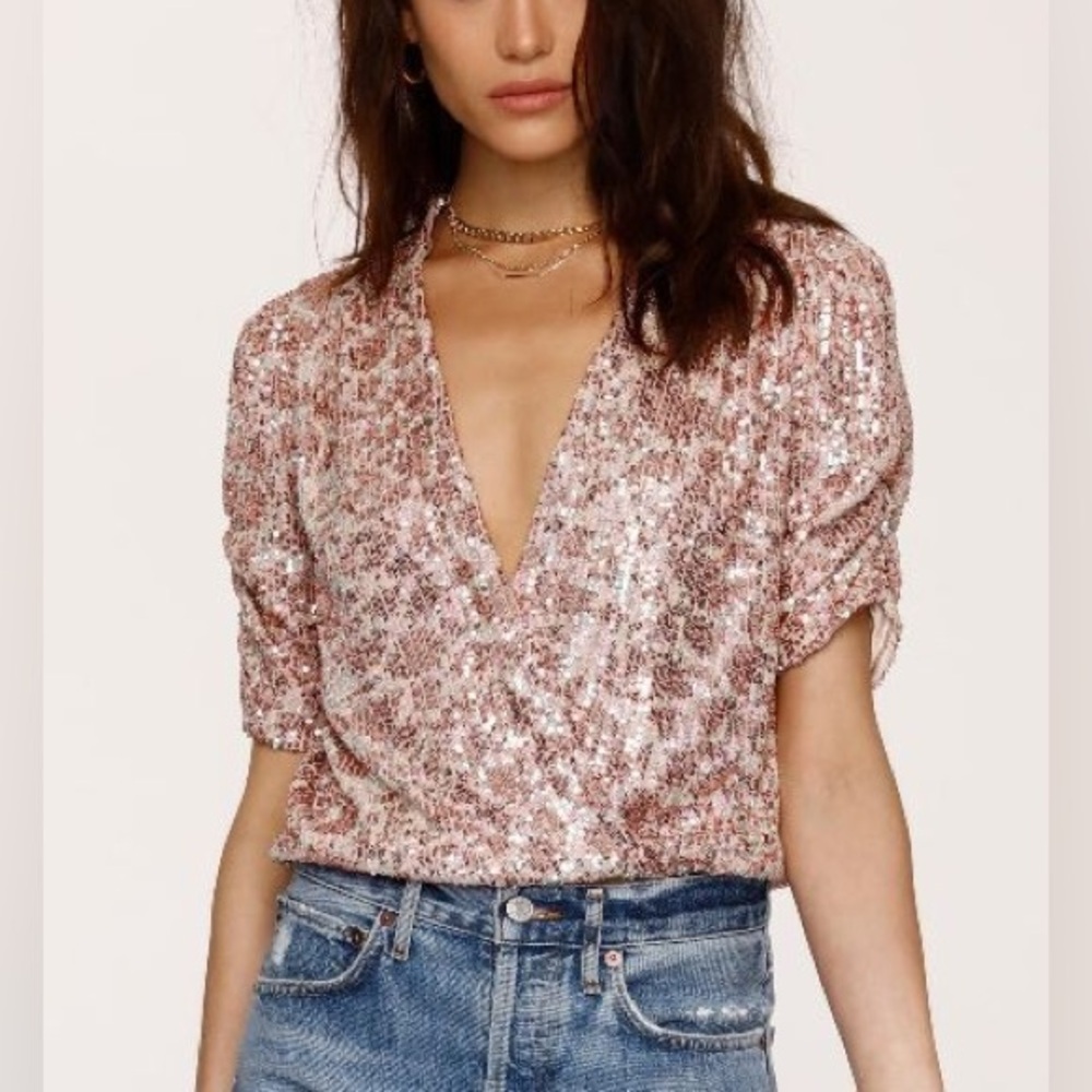Heartloom Rose Gold Sequin Wrap V-Neck Blouse